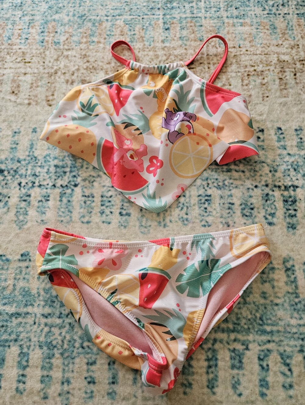 Care Bears Tropical Fruit Print Girls' Two-Piece Bikini - Pink, Yellow & Green